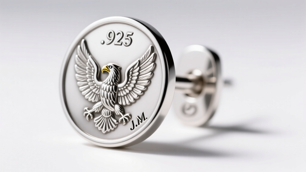 Macro photo of a Mexican silver earring post showing a stamped eagle hallmark, .925 purity mark, and artisan maker initials.