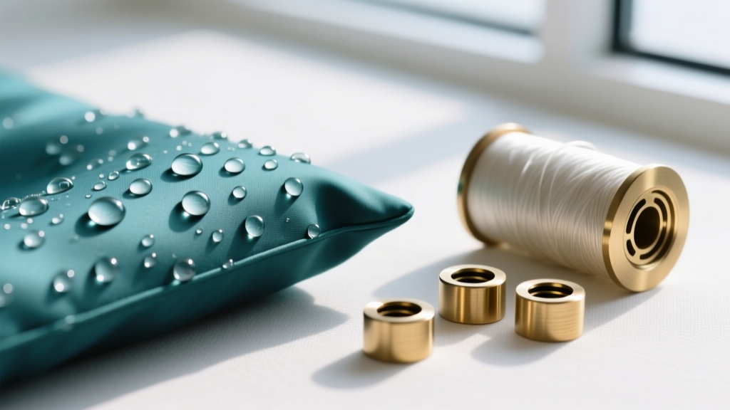 Water beading on marine-grade solution-dyed acrylic outdoor cushion fabric next to a spool of PTFE thread and brass venting grommets