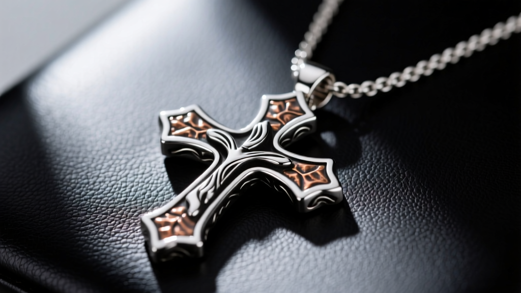 Close-up of a handcrafted Hyo Silver mens cross necklace featuring oxidized sterling silver and bronze inlay resting on dark leather.