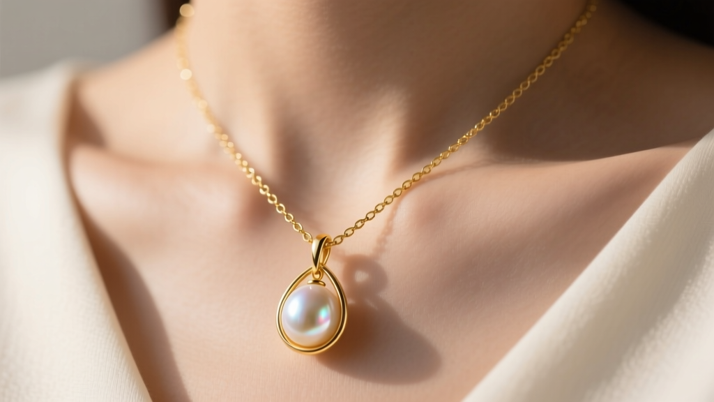 Close-up of an 18k gold asymmetrical dangle necklace with a kinetic pearl drop on a collarbone under warm directional light