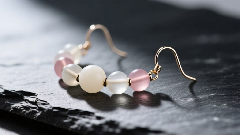Close-up of simple beaded earrings with matte frosted glass beads on 20-gauge niobium ear wires, resting on dark slate.