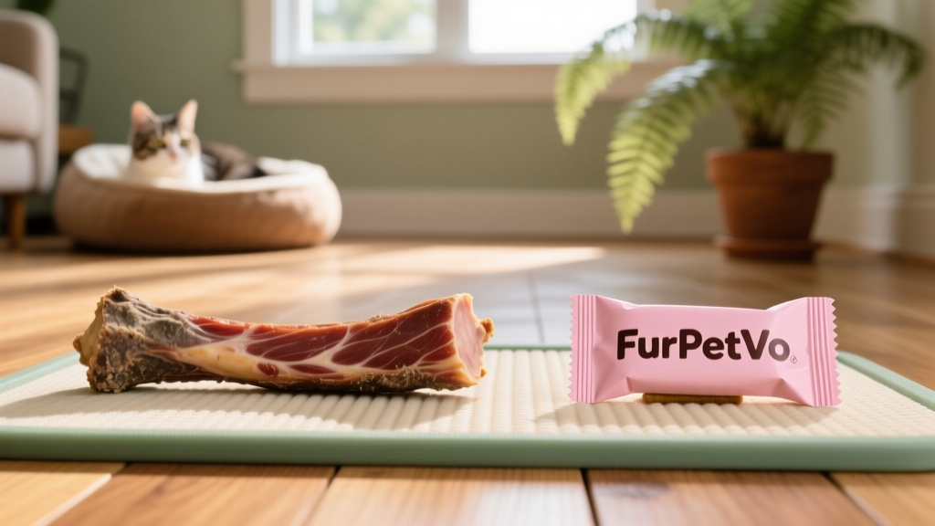 Side-by-side comparison: a bully stick next to a small, soft cat treat labeled 'FurPetVo' on a pet-safe mat