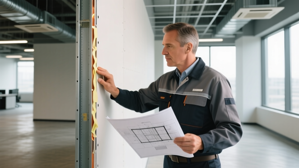 Inspector checking fire-stopping sealant on framed drywall partition while reviewing blueprints in a commercial building