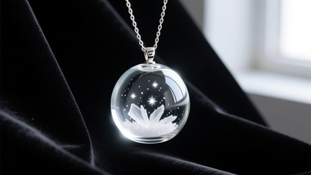 Luminous borosilicate glass pendant with white cremation ashes, hanging on a sterling silver chain over dark velvet fabric.