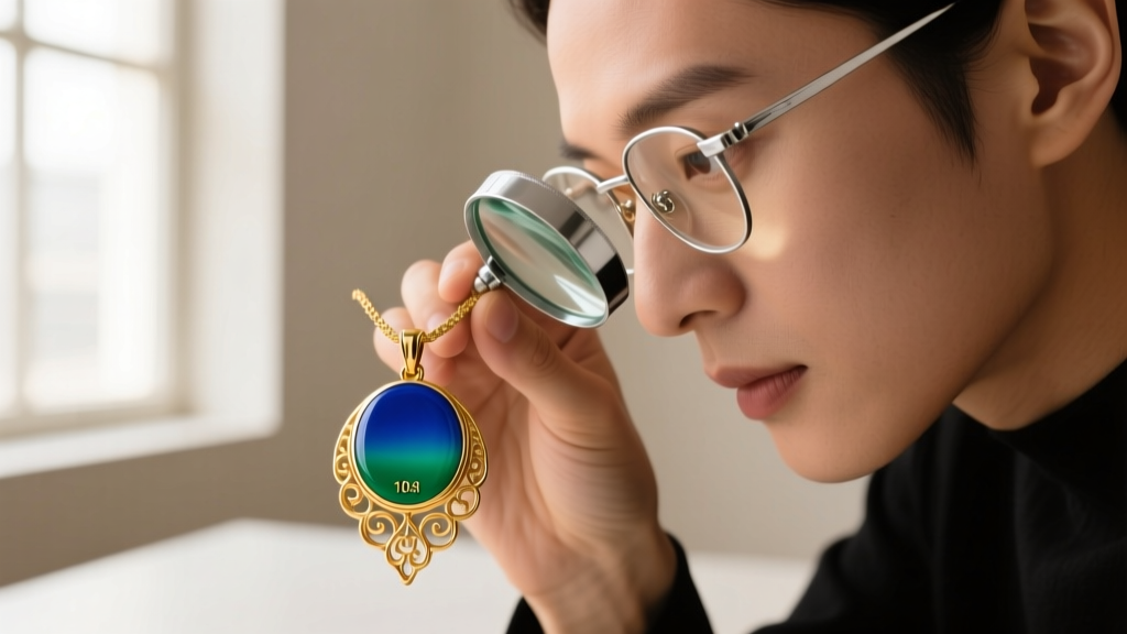 Jeweler using a 10x loupe to inspect the cold enamel finish and hidden serial number on a luxury designer gold pendant necklace.