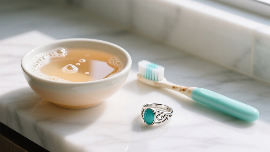 Bowl of warm soapy water next to a soft-bristled baby toothbrush and a turquoise silver ring resting on a white marble countertop