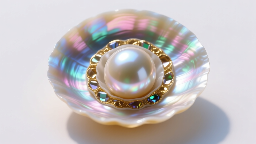 Cross-section illustration of a saltwater pearl showing a central shell bead nucleus wrapped in thick, iridescent nacre layers.