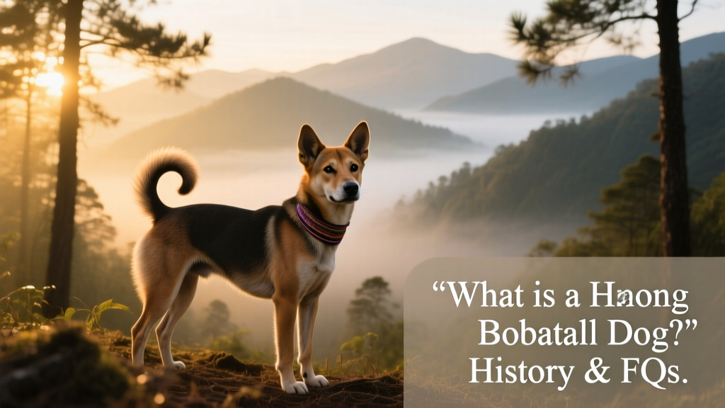 A Hmong Bobtail dog standing alert in a forested mountain setting, showcasing its compact build and curled tail
