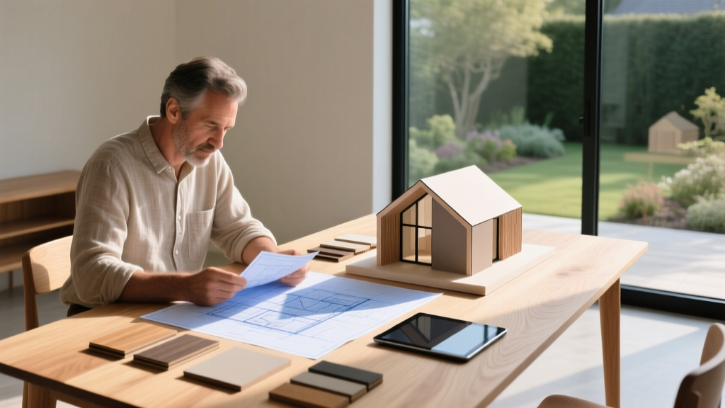 Architect reviewing blueprints and material samples for a modern, box-shaped passive house on a wooden table with natural sunlight