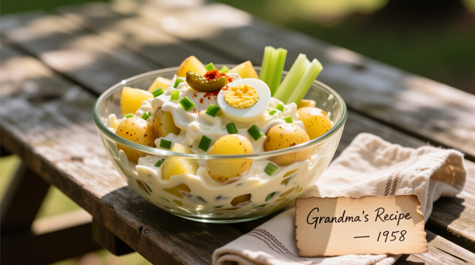 Creamy southern style potato salad in a glass bowl