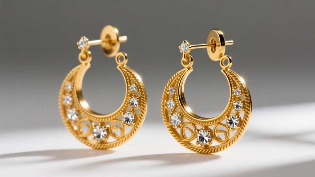 Detailed view of 22k gold chandbali earrings showing crescent filigree, polki inlays, and a secure omega clip backing mechanism.