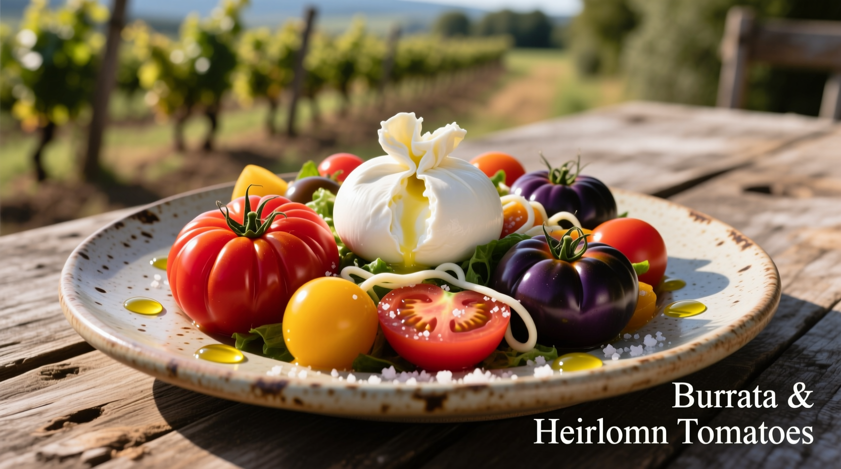 Burrata and heirloom tomato salad on rustic plate