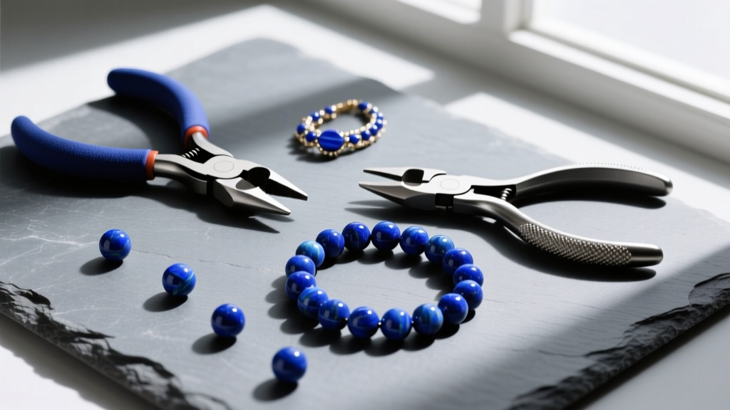 Overhead flat lay of jewelry tools, nylon pliers, flush cutters, and scattered AAA-grade lapis lazuli beads on a slate surface.