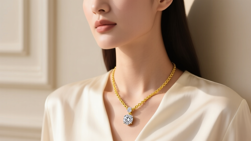 Woman wearing a Roberto Coin Princess diamond pendant on an 18k yellow gold chain against a cream blouse in bright natural light.
