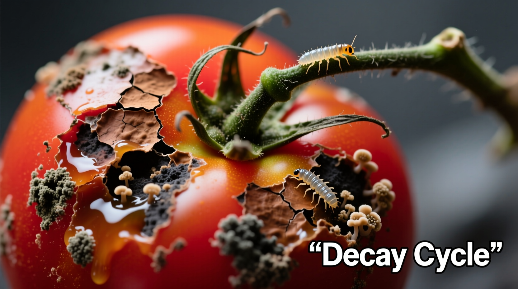 Close-up of tomato showing various stages of decomposition