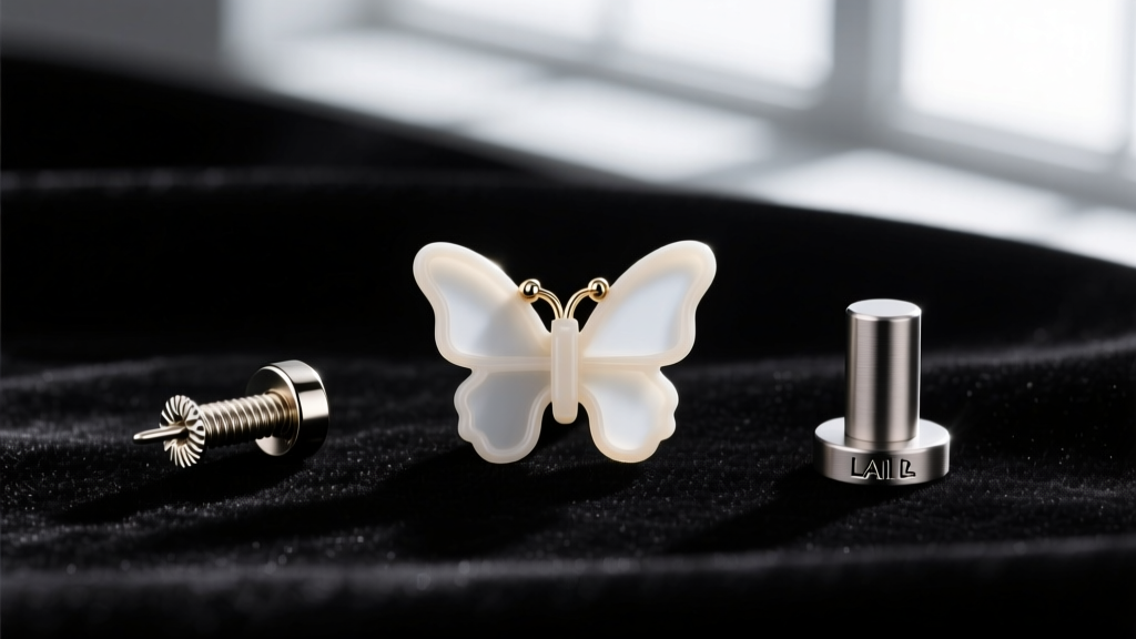 Macro shot comparing a standard butterfly earring back to a threaded screw-in back and a titanium flat labret post on dark velvet