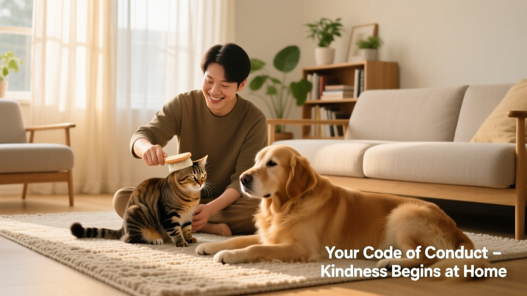A friendly sitter gently brushing a calm cat while a dog rests nearby on a tidy living room rug