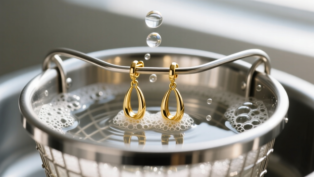 Close-up of an ultrasonic cleaner basket holding long-post gold stud earrings submerged in soapy water with gentle cleaning bubbles