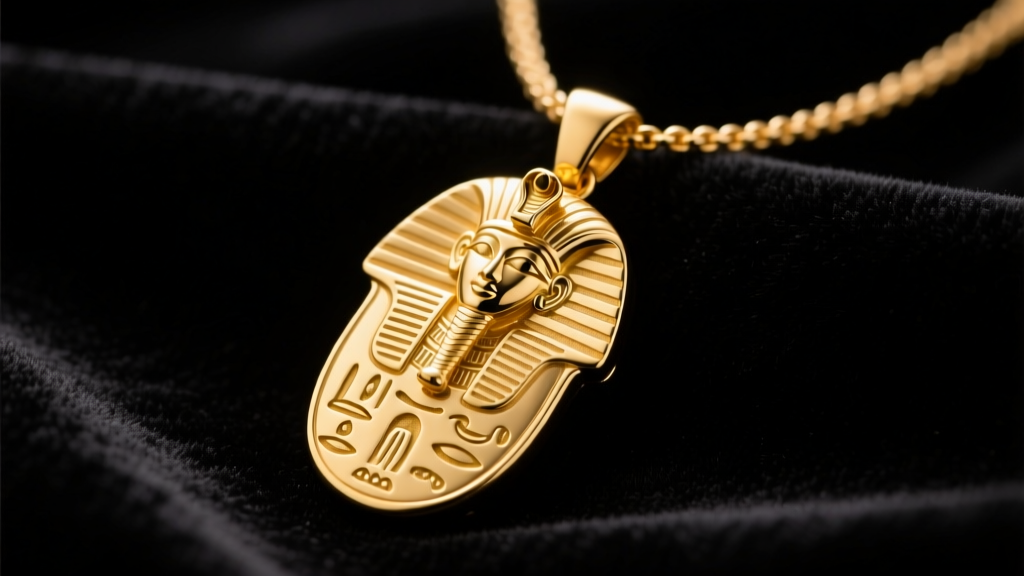 Close-up of an 18k yellow gold Egyptian cartouche necklace resting on dark velvet, highlighting intricately carved hieroglyphics.