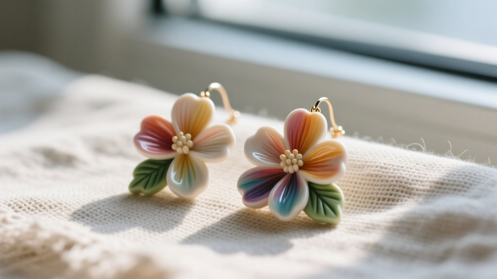 Close-up of hand painted polymer clay floral earrings on linen, showing intricate brushstrokes and a matte sealant finish