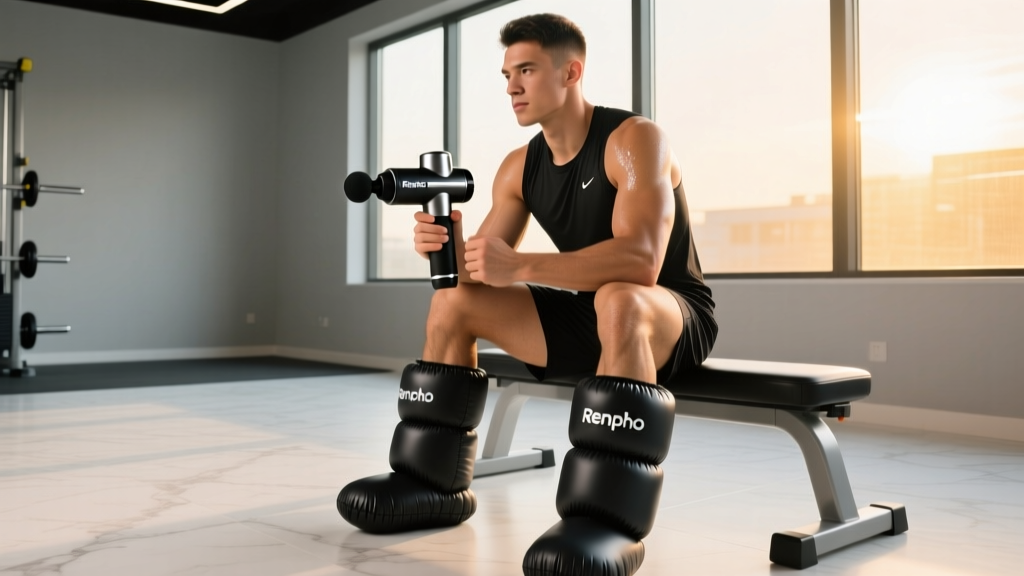 Endurance runner sitting on a gym bench wearing inflated Renpho compression boots while holding a black Renpho R5 massage gun