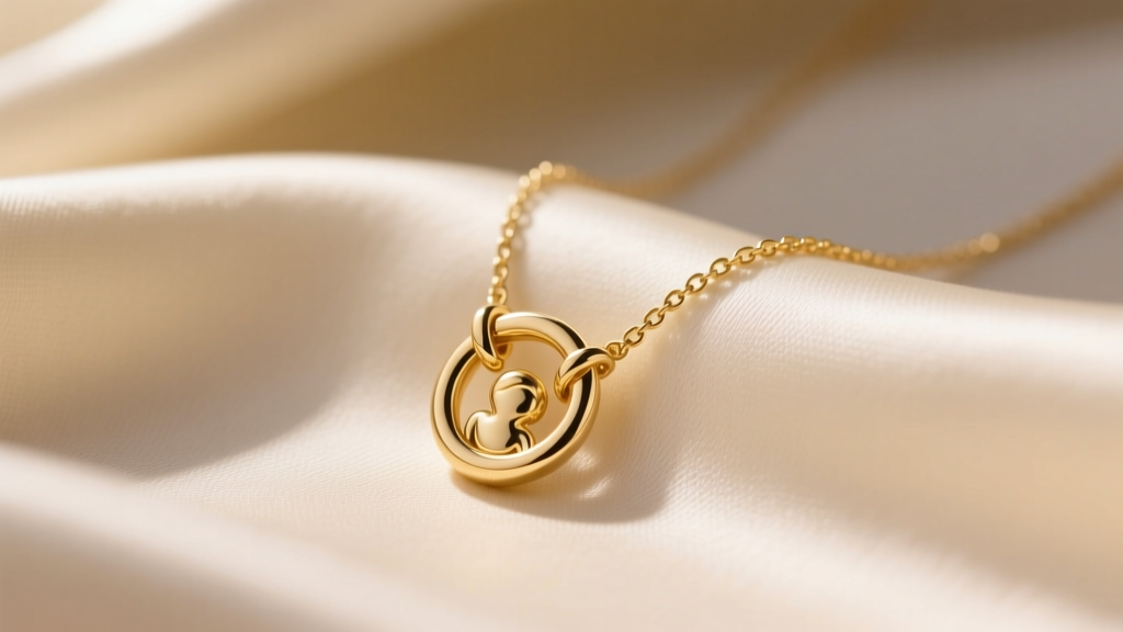 Close-up of a 14k gold mother child necklace with interlocking rings pendant resting on cream silk fabric in warm natural light