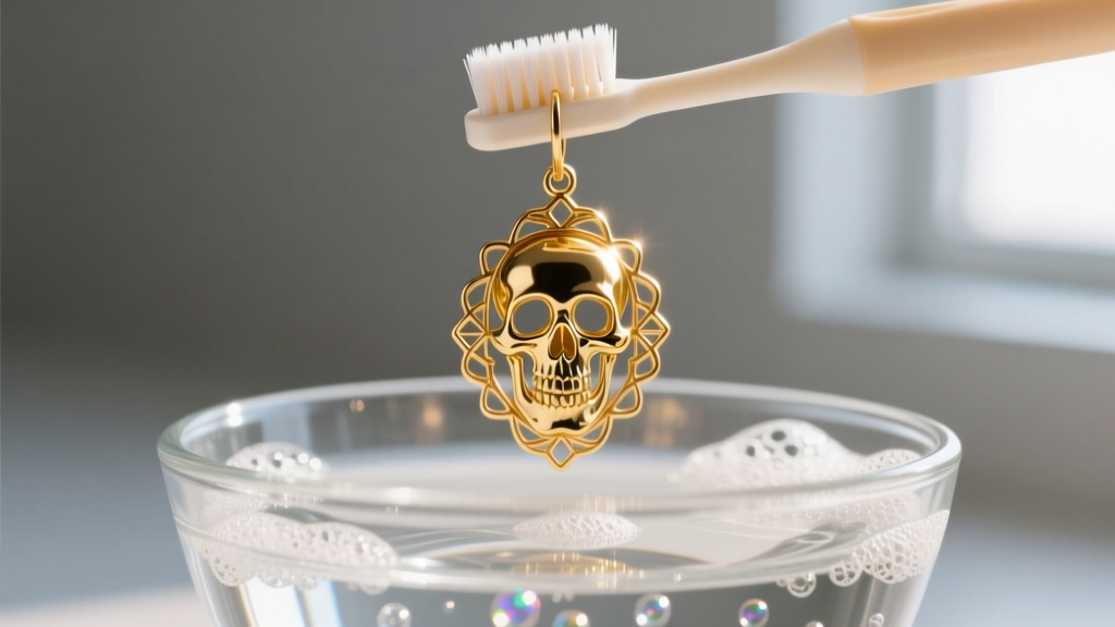 Soft-bristled baby toothbrush gently scrubbing crevices of a gold skeleton earring over a glass bowl of soapy distilled water.