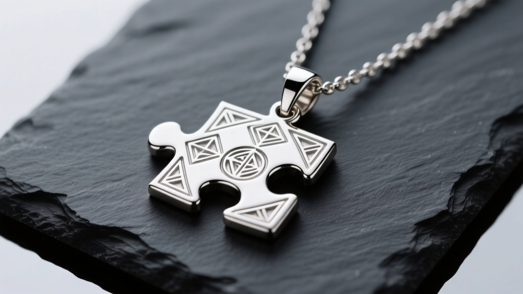 Sterling silver anime puzzle pendant necklace on dark slate, lit by soft studio lighting to show intricate engraved lines.