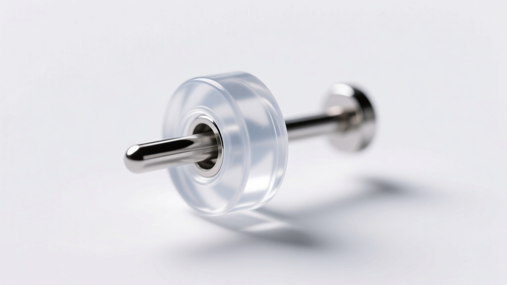 Clear medical silicone earring back stretched on a 20-gauge titanium stud post, photographed under bright and clean clinical lighting