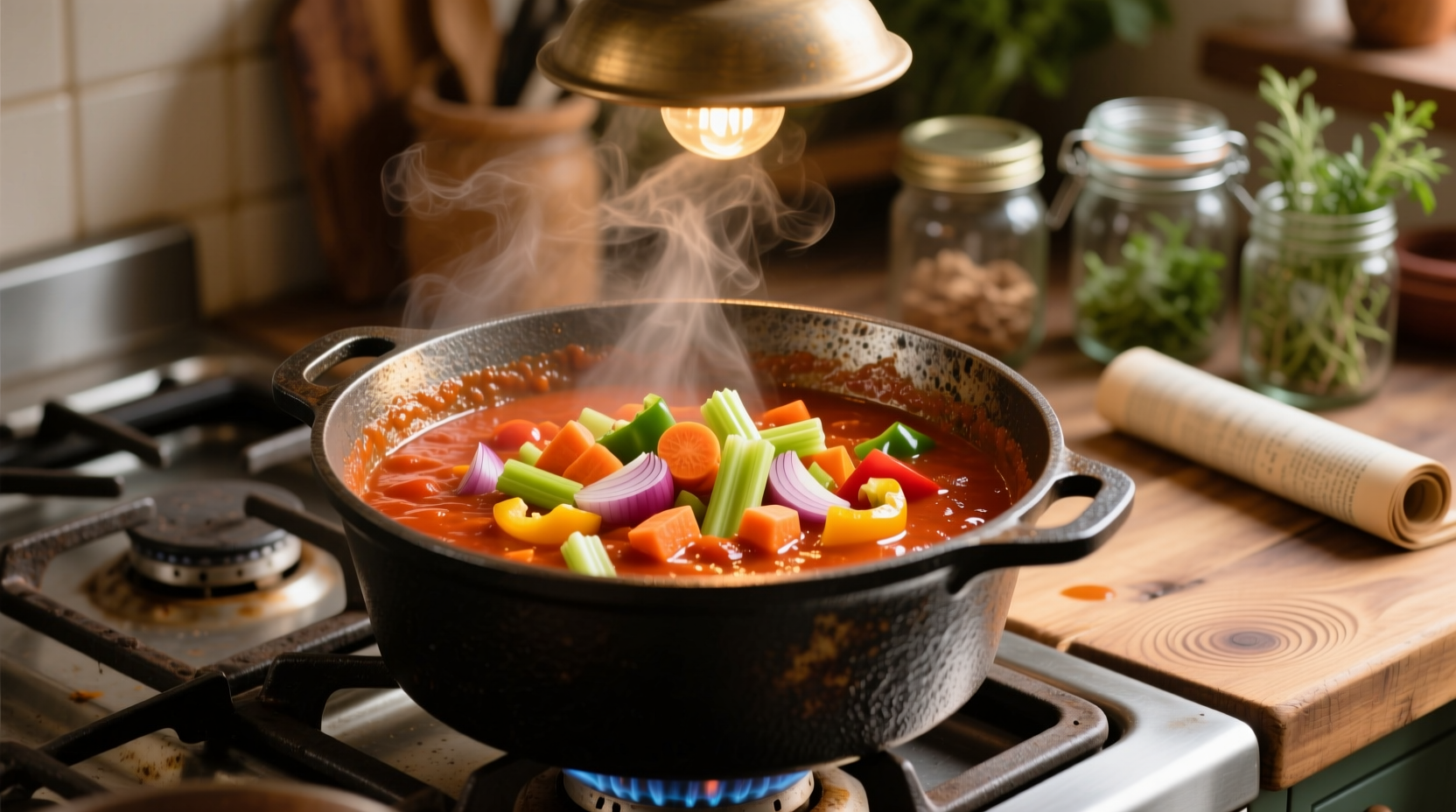 Tomato sauce simmering with vegetables in cast iron pot
