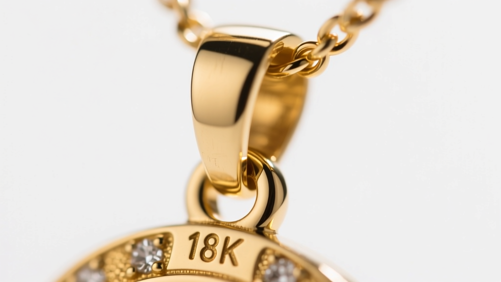 Macro shot of a hidden bail on a gold lavalier pendant, showing the drilled hole and a tiny 18k hallmark on the gold mount.