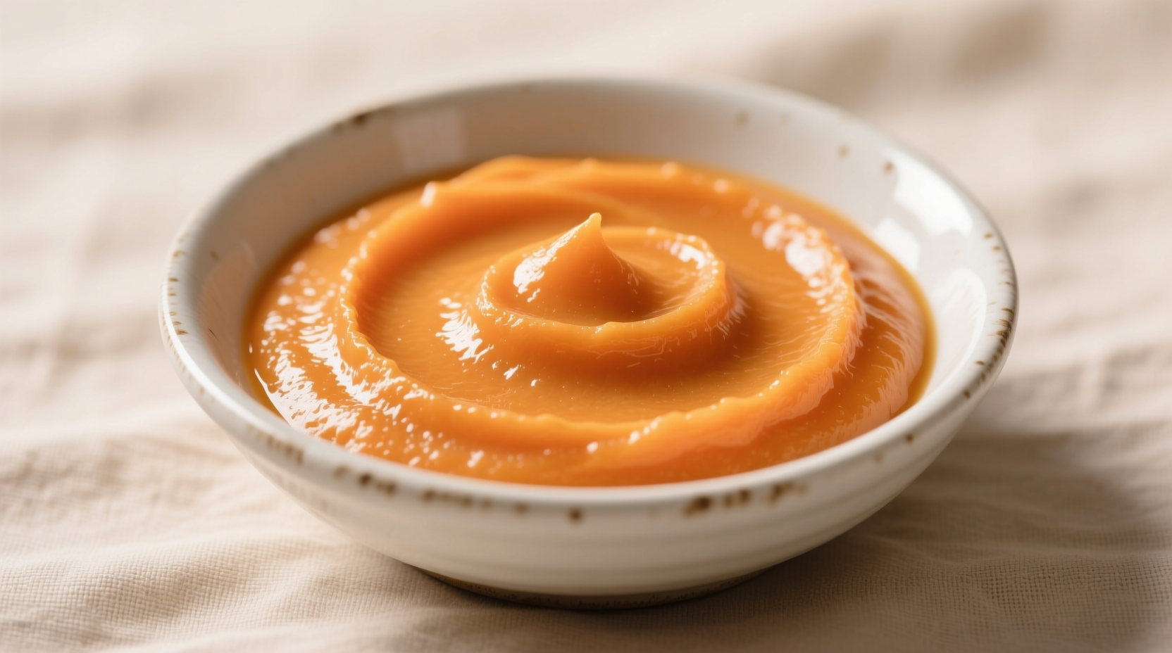 Smooth orange sweet potato puree in white bowl