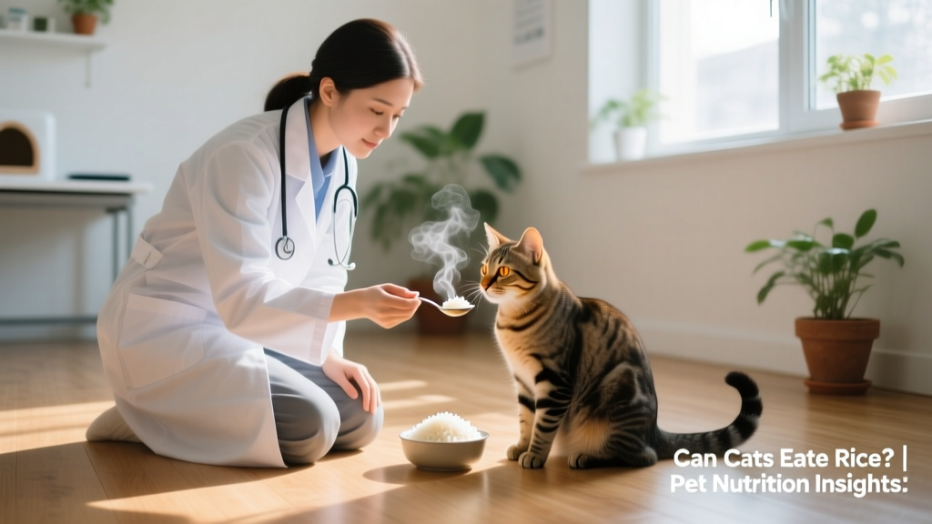 Veterinarian gently offering a small spoonful of cooked rice to a calm, seated cat