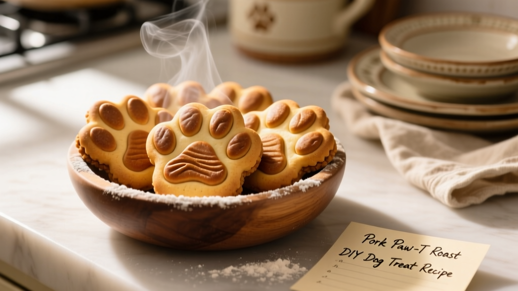 Close-up of golden-brown paw-shaped dog biscuits fresh from the oven