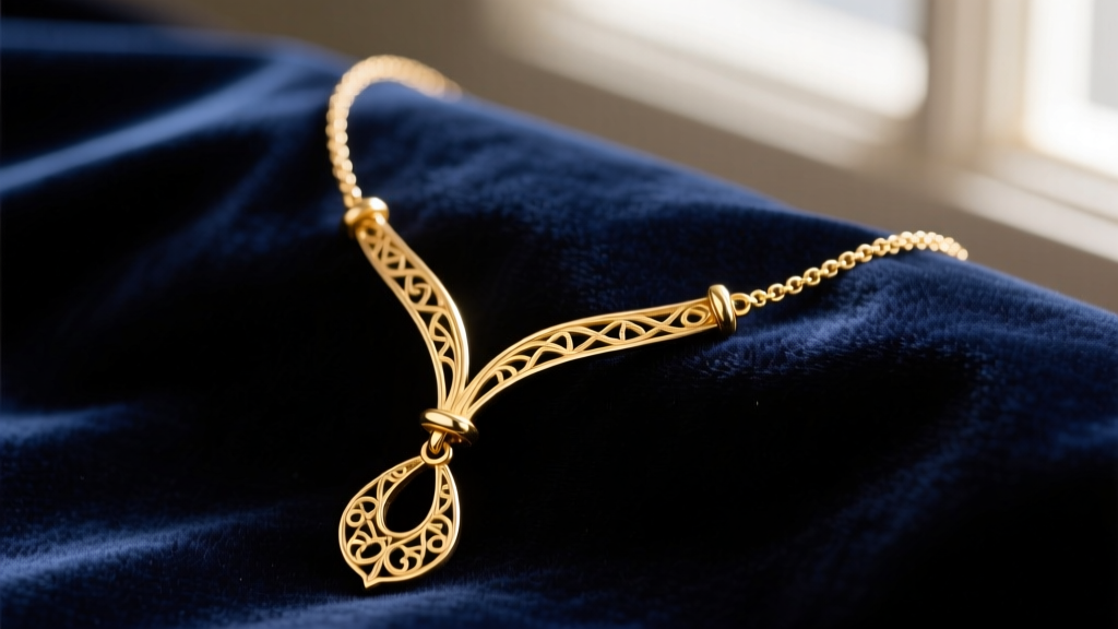Close-up of a delicate 14k gold antique lariat necklace on dark velvet, focusing on the intricate Y-drop slide mechanism.