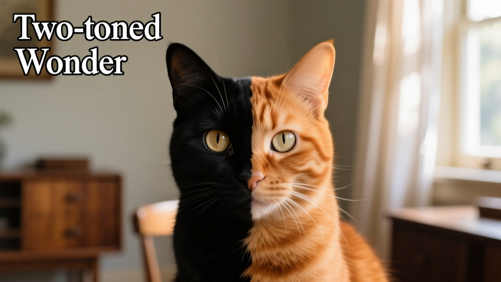 Close-up portrait of a cat with a perfectly split face—black on one side, ginger on the other—gazing calmly at the camera