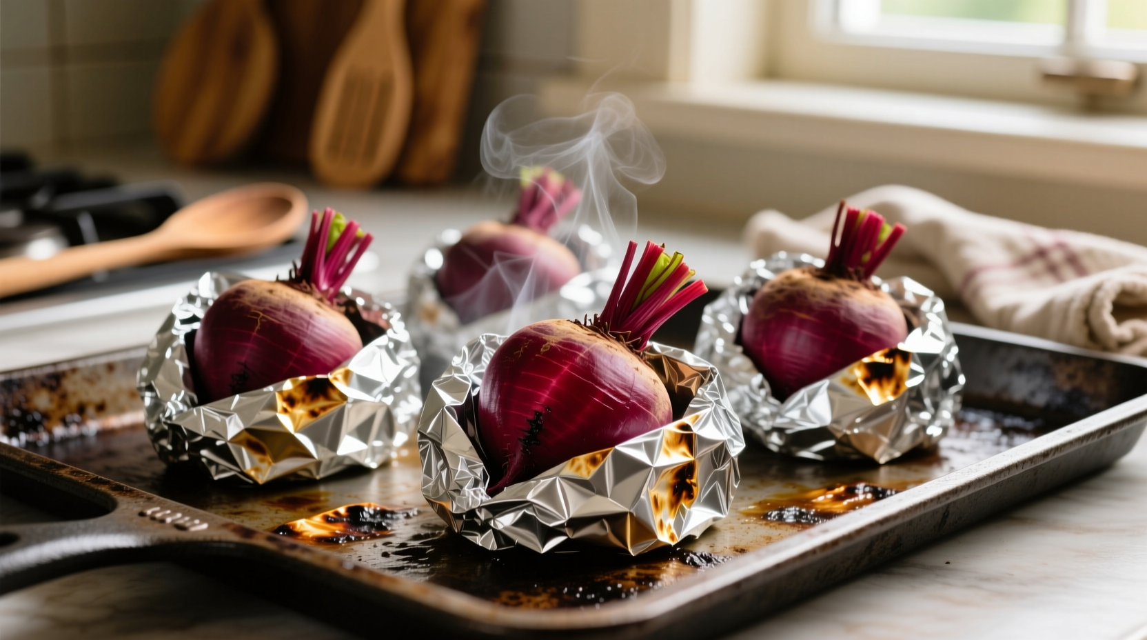 Fresh beets roasting in foil packets on baking sheet