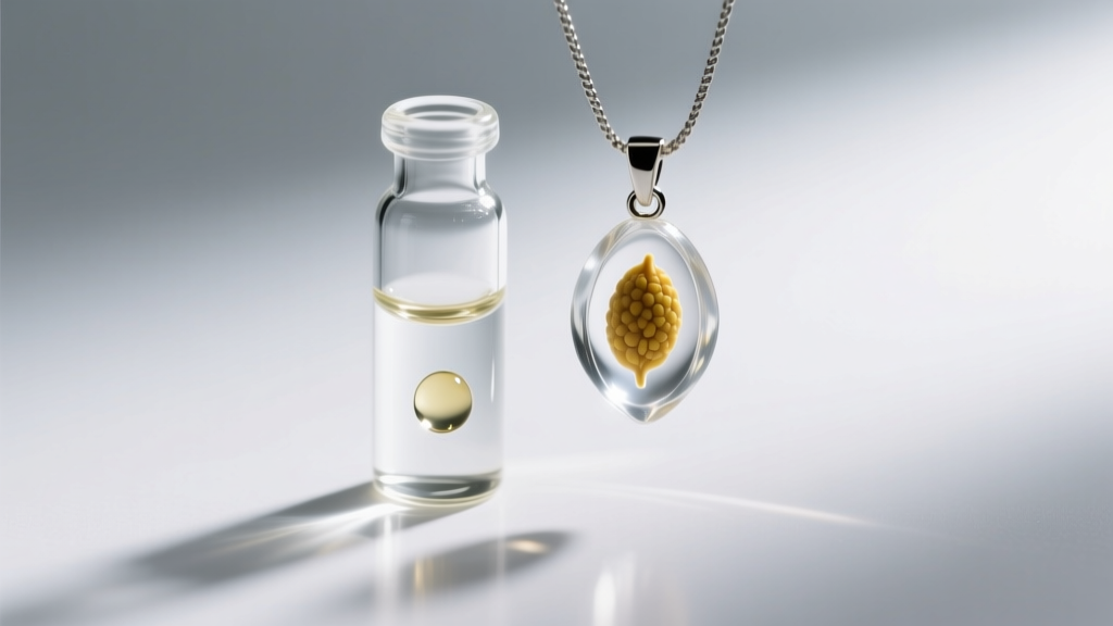 Close-up of a borosilicate glass micro-vial and a clear resin-encapsulated mustard seed pendant under bright studio lighting.