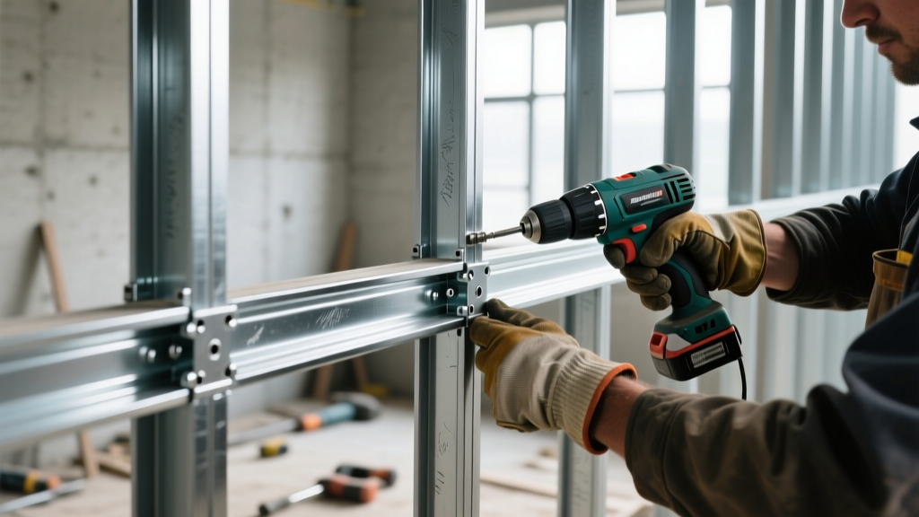 Galvanized cold-formed steel C-studs and tracks assembled into an interior steel wall framing system by a construction worker