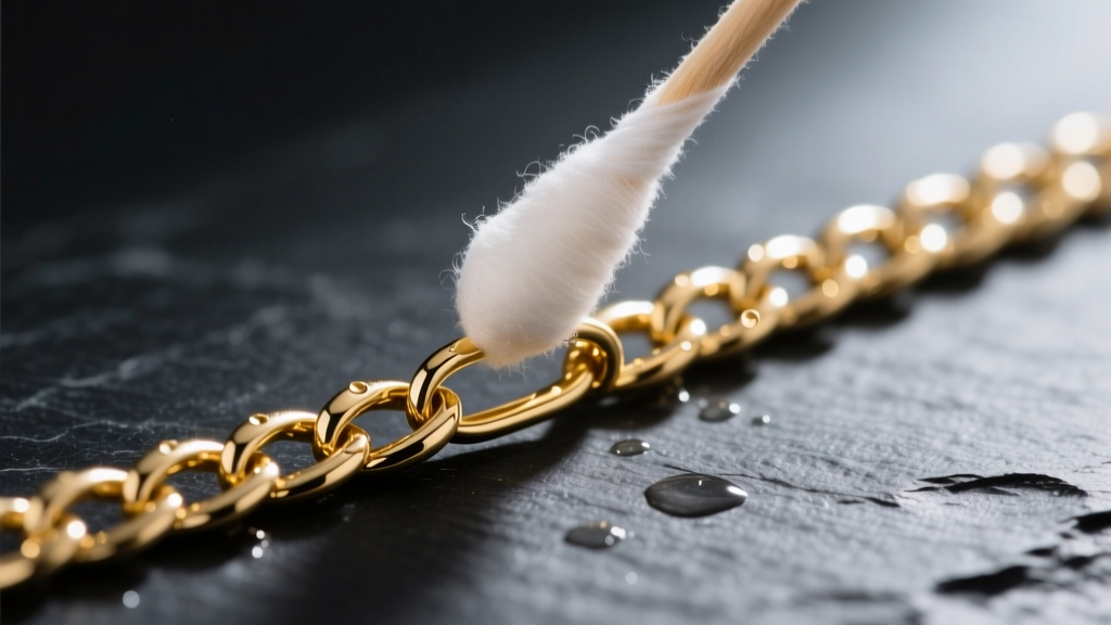 Macro shot of a gold vermeil chain being gently wiped with a damp, lint-free cotton swab against a dark slate background
