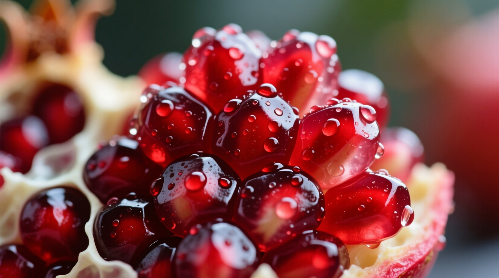 Close-up of pomegranate arils showing ruby-red juice sacs