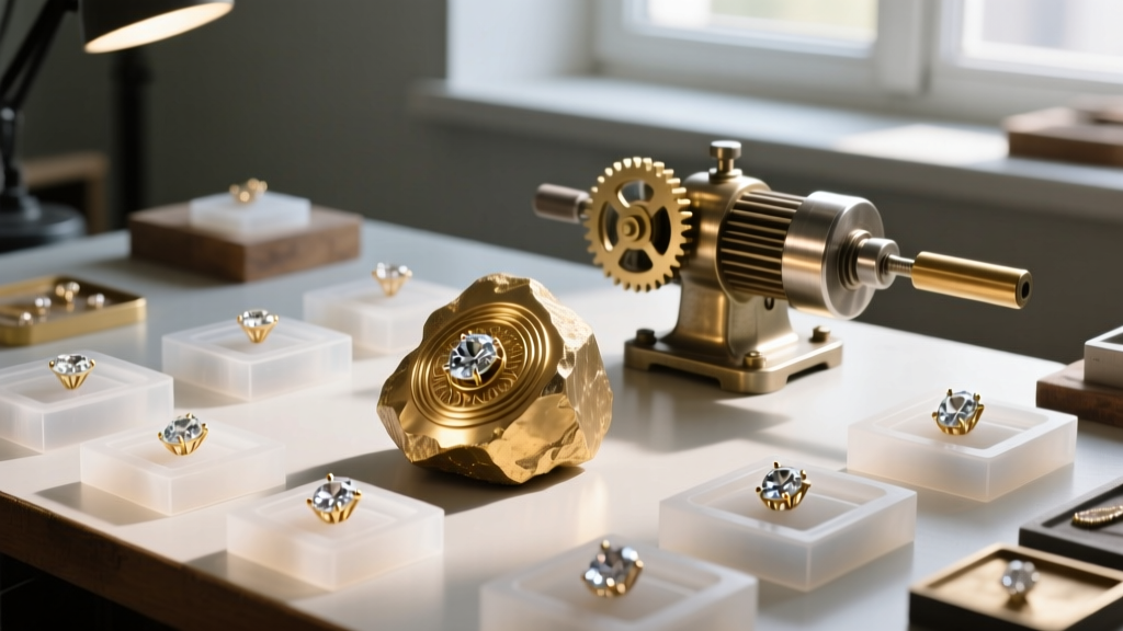 Jeweler workbench featuring a raw brass master model, silicone molds, and a polishing motor highlighting artisanal creation.