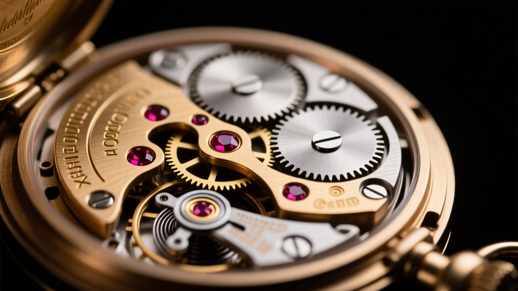 Macro shot of an exposed mechanical pocket watch movement with ruby jewels and brass gears under soft directional studio lighting.