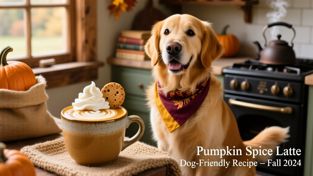 A golden-hued pumpkin spice latte in a small ceramic cup, topped with organic whipped cream and a dog-safe dental treat, next to a happy dog wearing a cozy autumn bandana