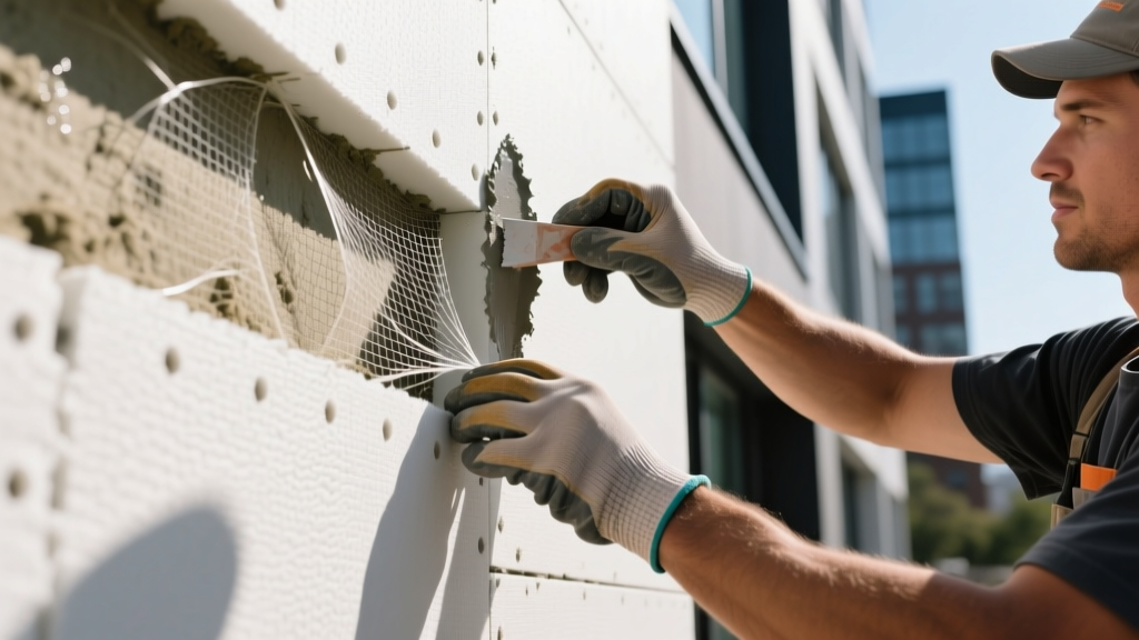 Close-up of a contractor applying the base coat and fiberglass mesh to rigid EPS insulation boards on a commercial building exterior wall