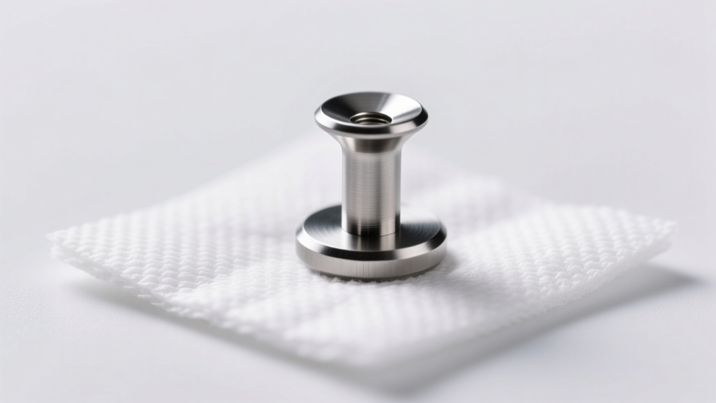 Macro photo of an ASTM F-136 implant grade titanium flat back labret stud with a 10mm post resting on a sterile white gauze pad
