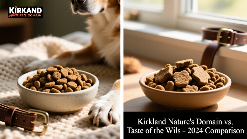 Split image: left shows Kirkland Nature’s Domain kibble; right shows FurPetVo High Prairie kibble under natural light