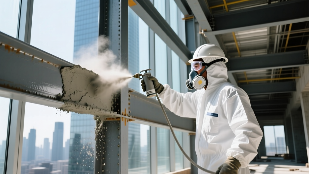 Worker in protective gear spraying wet cementitious fireproofing material onto exposed steel I-beams in a commercial high-rise building