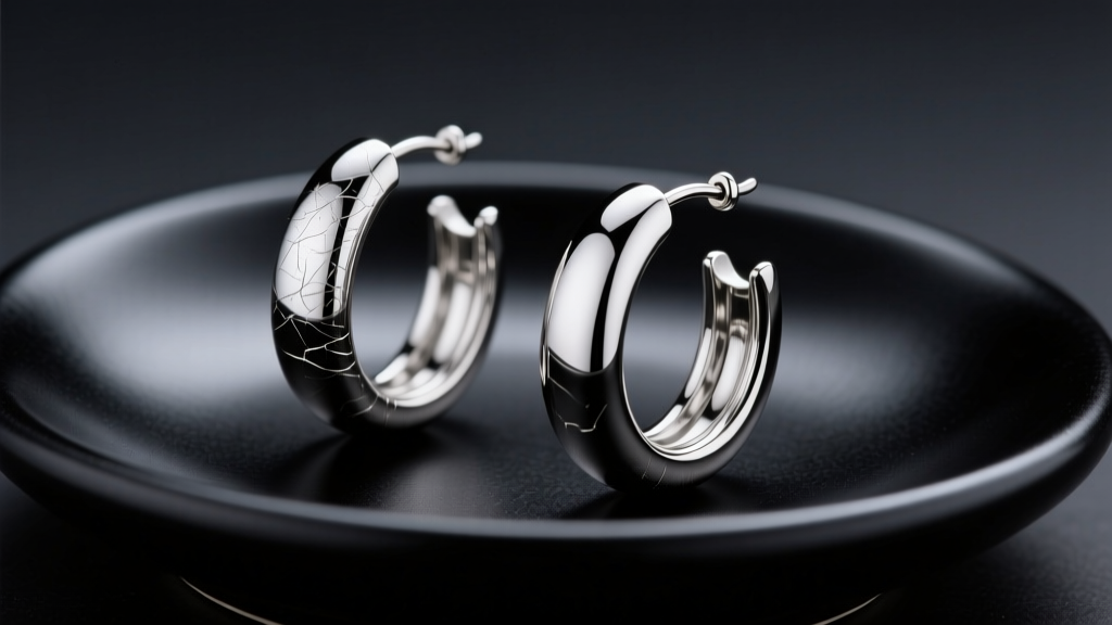 Macro shot of polished 316L stainless steel hoop earrings on a matte black ceramic tray under soft, directional studio lighting.