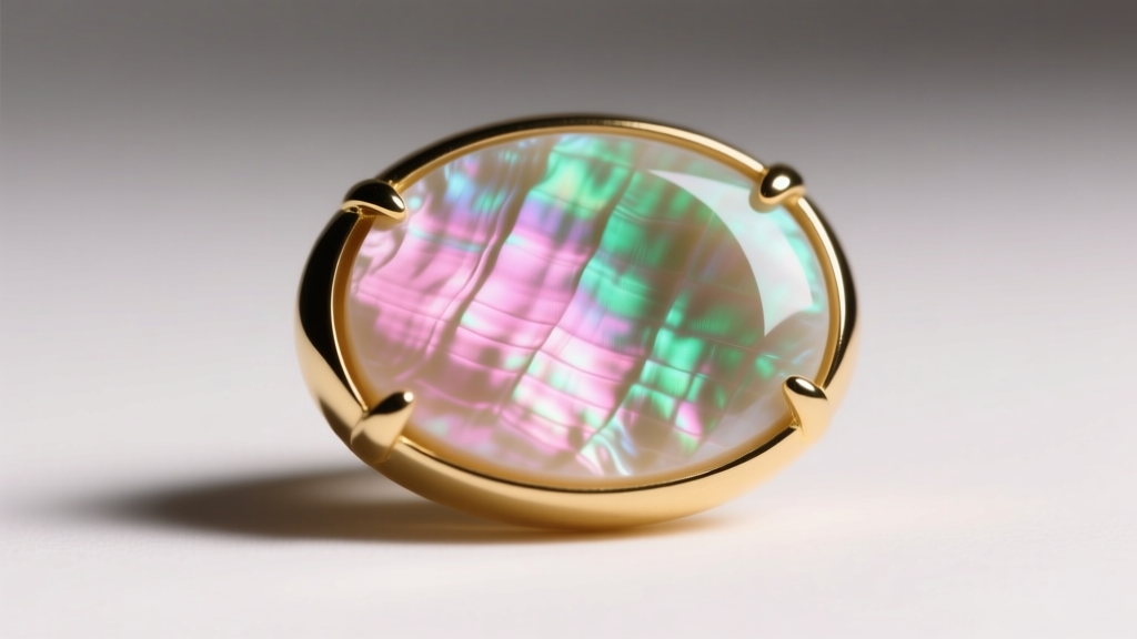 Close-up of a mother of pearl cabochon in a gold bezel, showing vibrant pink and green iridescence under soft studio lighting.